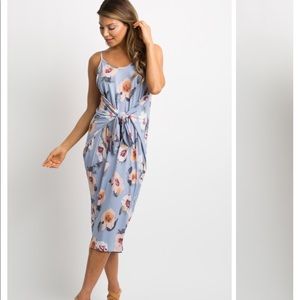 PinkBlush Light Blue Floral Knot Front Midi Dress